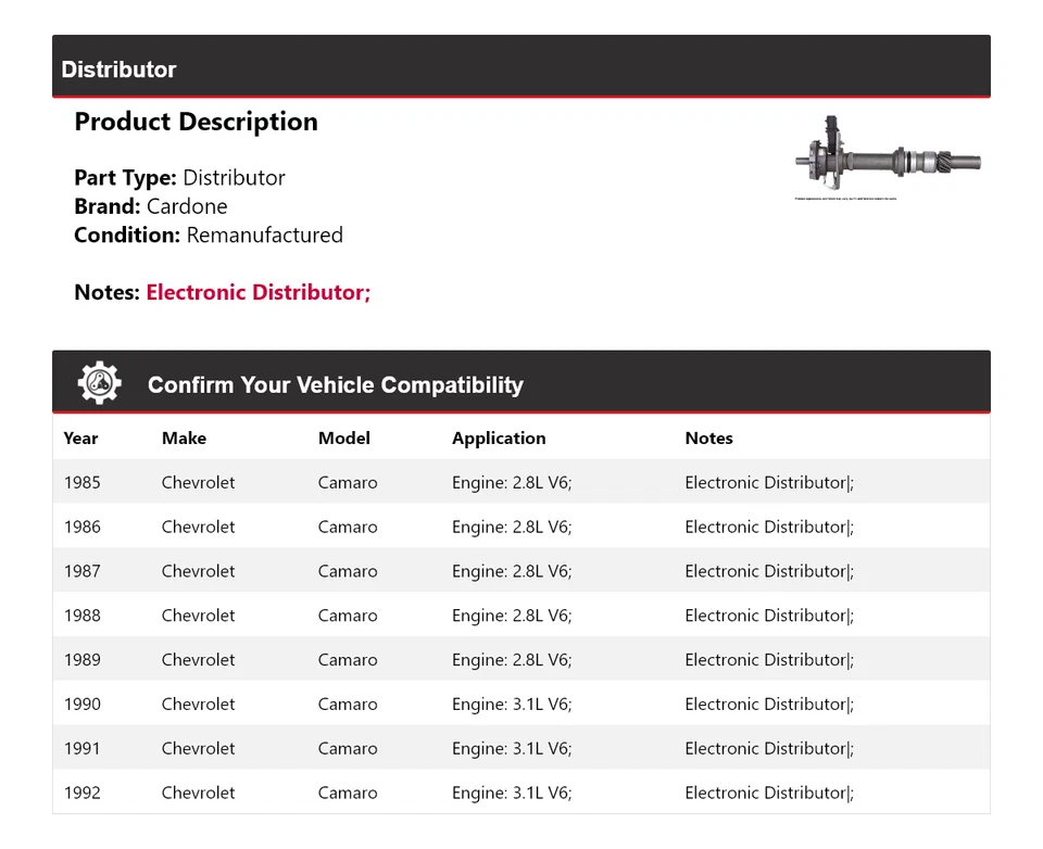 Para Chevrolet Camaro 1985-1992 Distribuidor Cardone 1986 1987 1988 1989 1990 1991 Foto 2 de 4