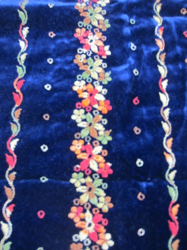 50's Navy Velvet w Yellow Red Floral Shiffli Embroidery Stripe 1 Yd X 44" W - Picture 3 of 7