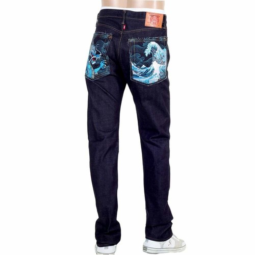 1011 Slim Fit Raw Selvedge Denim Jeans with Dragon and Tsunami Wave Embroidery - Picture 1 of 4