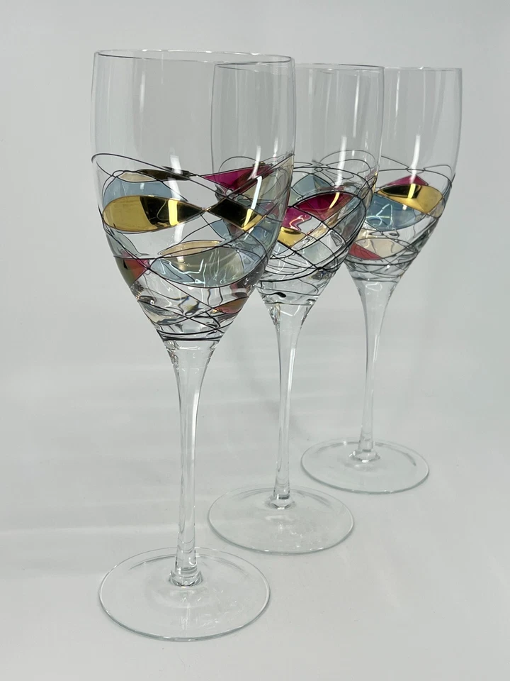 "3 copas de vino StunniMilano Fostoria Rumania mosaico manchado sopladas a mano 10,75"" WOW" Foto 4 de 4