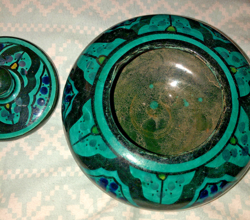 Vintage Turquoise Safi Moroccan Kashan Raqqa Style Covered Bowl Vase Morocco - Picture 5 of 10