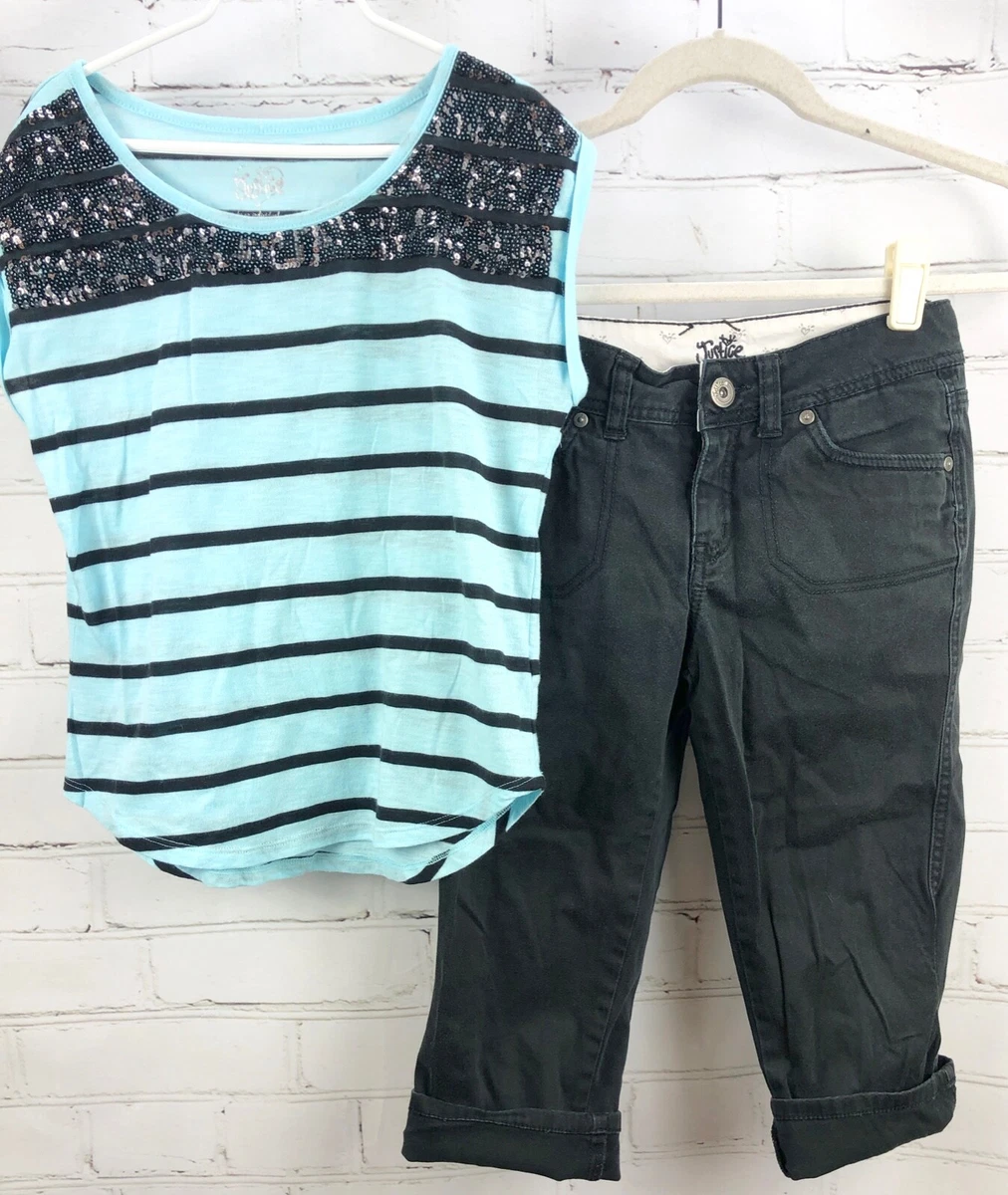 JUSTICE Beaded Stripe Top + Black Capri Pants Girls Size 12 Outfit