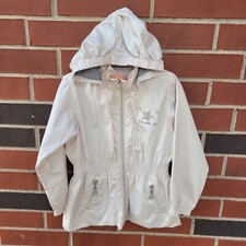 Claire Denmark Kids Jacket Size 5-6 Ivory Detachable Hood Gems Pockets Ruffles