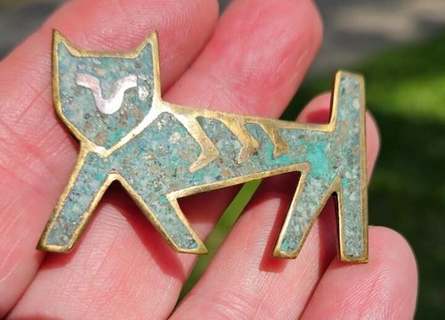 Spilla vintage MESSICO argento sterling turchese intarsiata firmata CHP/CMP gatto gattino - Foto 3 di 6