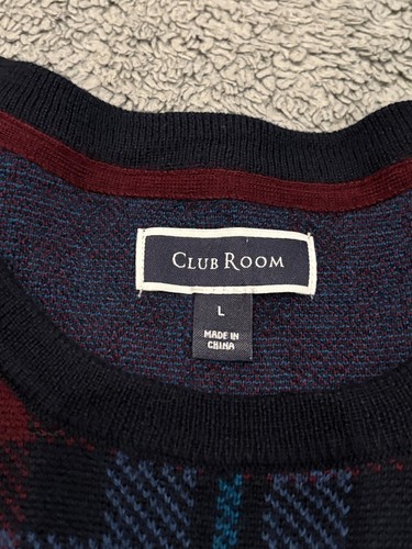Club Room Sweater Mens Large Blue Red Plaid Merino Wool Blend Long Sleeve - Picture 2 of 6