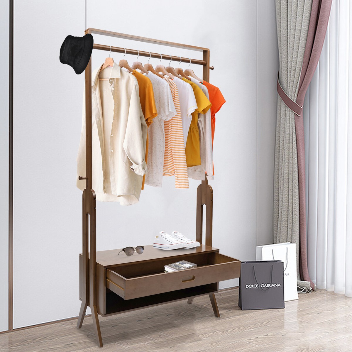 Bamboo Garment Rack Freestanding Closet Organizer with Drawer