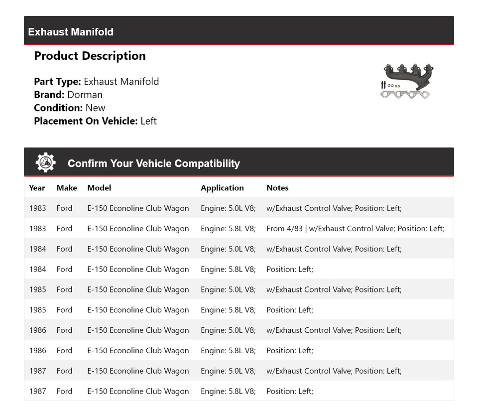 Colector de escape izquierdo 1984 para Ford E-150 Econoline Club Wagon Dorman 1983-1987 Foto 2 de 4