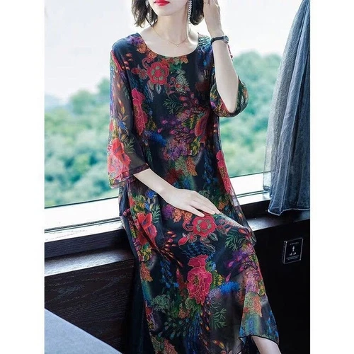 Women Chiffon Print Midi Dress Half Sleeves Casual Loose A-line Retro Ethnic - Picture 11 of 22