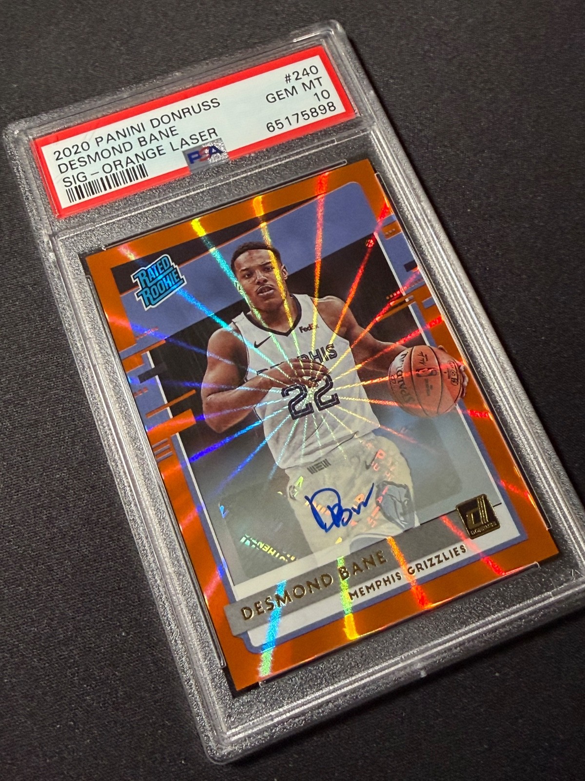Desmond Bane 2020-21 Panini Donruss #240 Rated Rookie Orange Laser Auto PSA 10 view 2