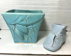 2 Vintage Blue McCoy Pottery 1940's Ceramic Planters: Floral & Baby Shoes