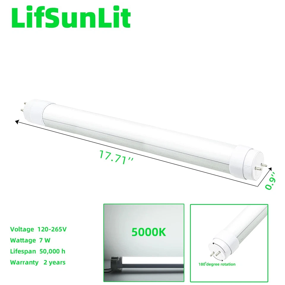 2PCS F15T8 LED Tube Light,120V,7W,18" Length,5000K Daylight White,Rotatable E... - Image 3 of 4