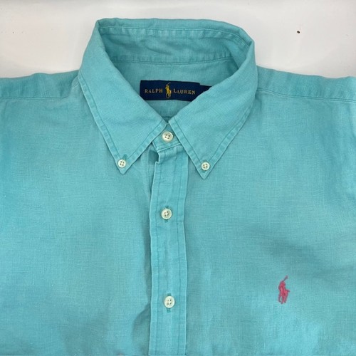 Polo Ralph Lauren 100% Leinen Hemd Herren L Kurzarm Aqua Blau Classic Preppy