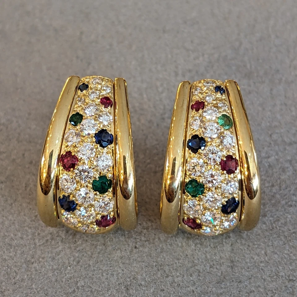 Diamond, Sapphire, Ruby, Emerald Half Hoop Earrings in 18k Yellow Gold- HM2144SA