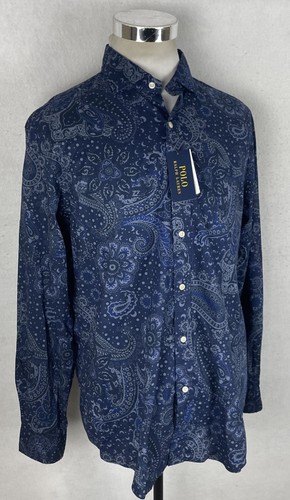 NWT Polo Ralph Lauren Paisley Button Front Shirt Navy Blue Classic Fit Men’s XL - Picture 4 of 10