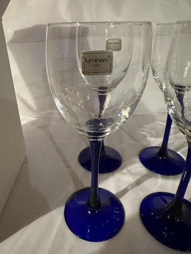 Vintage 1970’s Luminarc Cobalt Blue Stem Wine Glasses Set Of 4 - Picture 2 of 6