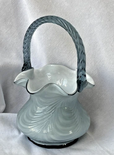 Fenton Ruffled Blue Grey Glass Overlay Basket Drapery Pattern With Twist Handle