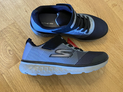 New Skechers Big Kids Boys 4 Hook Loop Gray Black Slip On Sneakers