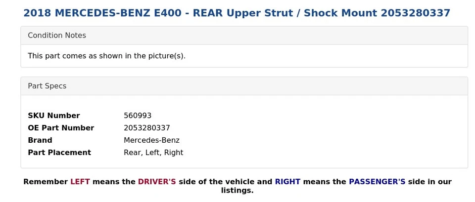 Mercedes-Benz E400 2018 - puntal superior trasero/montaje de amortiguador 2053280337 Foto 3 de 4