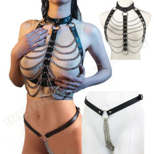 Women Faux Leather Body Harness Garter Belt Bra Chastity Panties Binding
