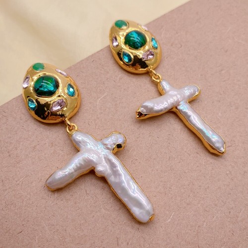 Cultured White Pearl Crucifix Murano Glass Dangle Drop Earring - Picture 2 of 6