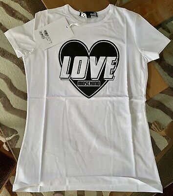 Love Moschino Graphic Heart Embroidered T Shirt in White Love Moschino Graphic Heart Embroidered T Shirt in White