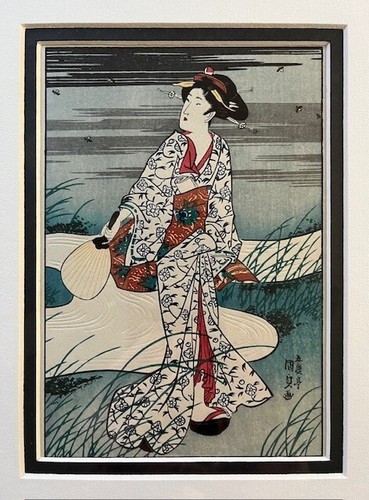 TOYOKUNI III / KUNISADA Vintage WOODBLOCK PRINT Lady with Fan Looking Behind Her - Picture 3 of 6