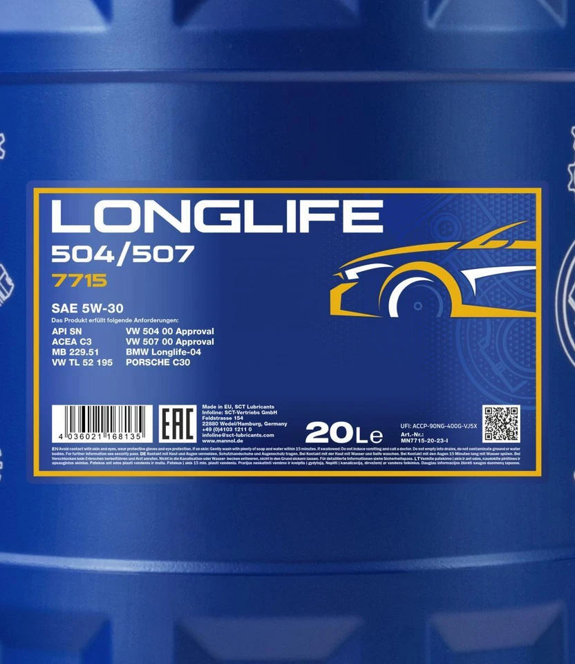20 Liter MANNOL Longlife 504/507 5W-30 Motoröl API SN ACEA C3 7715 synthetic - Bild 2 von 2