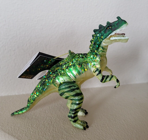 Robert Stanley Dinosaur Green Glitter T-Rex Raptor Glass Christmas Ornament - Picture 2 of 4