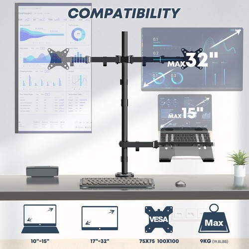 Support double moniteur et support pour ordinateur portable pour deux écrans ... - Photo 2/9