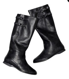 black leather knee high boots flat heel