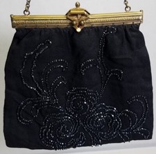 Antique Clutch Purse Black Seed Bead Work Gold Tone Closure Handbag Evening Bag