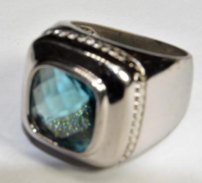 ★47bag ★ 925 Silver Antique Aqua Natural Stone Square Silv Stamped FAS 925 Sterling Silver Blue Faceted Square Size 7
