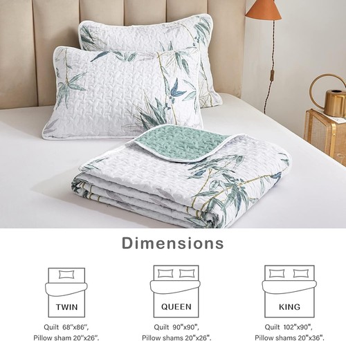 3-Piece King Size Quilt Set - Chic Green Leaves Print & Machine Washable Comfort - Picture 9 of 9