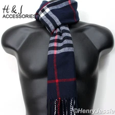 Navy Blue Black Red Stripe Plaid Soft Cashmere Feel Scarf*100%Acrylic For Unisex