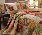 COUNTRY FARMHOUSE XXL PATCH 3p Full BEDSPREAD SET : RED GREEN ANTIQUE VINTAGE