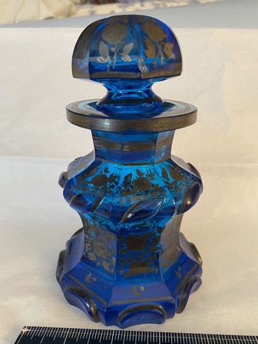 ANTICO DECANTER PROFUMO IN VETRO DI BOHEMIEN BLU TURCHESE, anni 1840-60-RARO - Foto 7 di 12