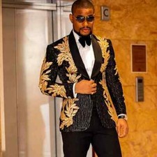 New Men's Fashion Trend Gold Sequin Applique Suits Casual Jacket Two-piece Sets