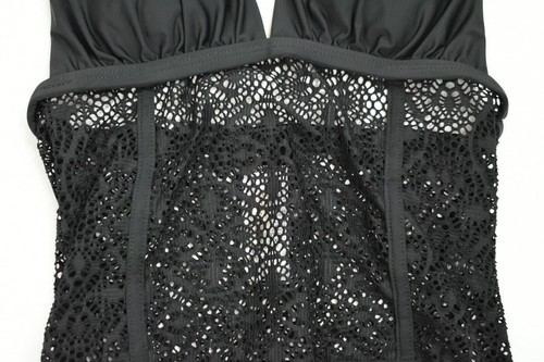 Ella Moss Womens Black Crochet One Piece Swimsuit V Neck Full Coverage Lined XS - Picture 5 of 9