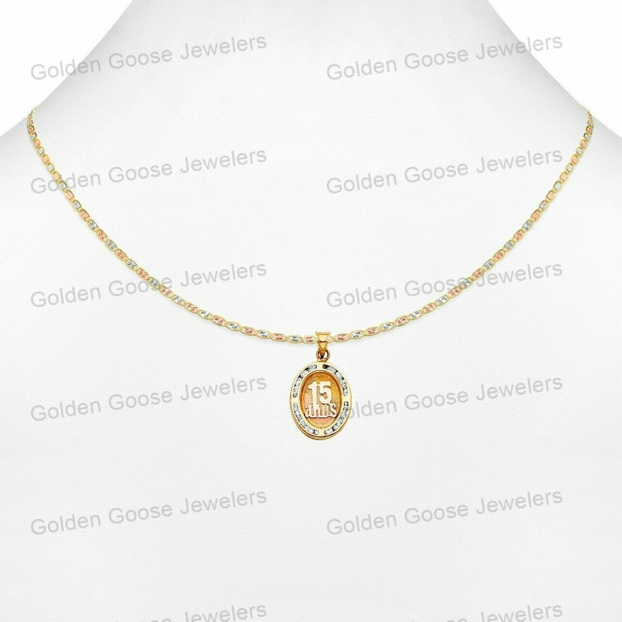 Ciondolo Quinceanera in vero oro 14 carati tricolore zirconi 15 anni catena Valentino