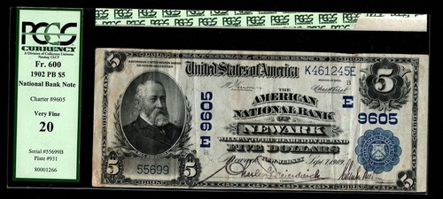 1902 $5 THE AMERICAN NATIONAL BANK OF NEWARK, NEW JERSEY PCGS 20 CHARTER# 9605 - Picture 2 of 4