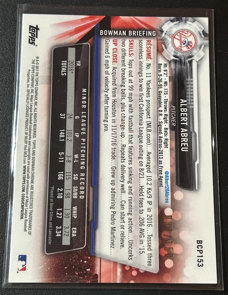 2017 Bowman Chrome Mini Blue Shimmer Refractor #BCP153 Albert Abreu /150 Yankees - Image 2 of 2