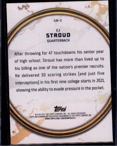 2022 Bowman University Golden Boy #GB2 CJ Stroud Texans - Picture 2 of 2