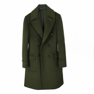 Mens Army Green Woolen Jacket Double-breasted Long Trench