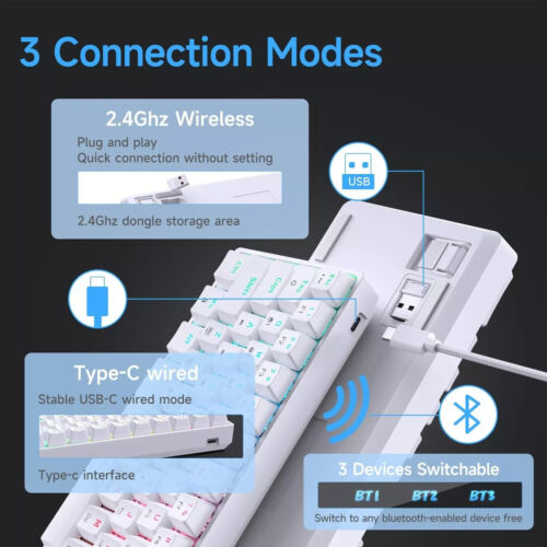 TMKB T63 60% Wireless Mechanical Gaming Keyboard 63 Keys White - Picture 6 of 7