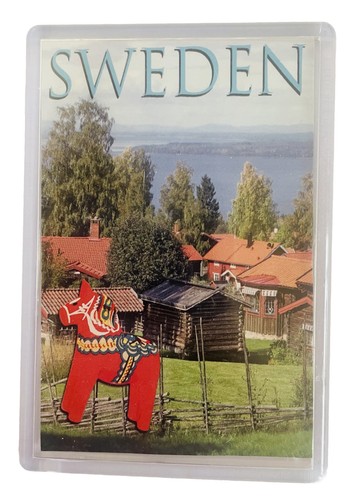 Sweden Fridge Magnet Falu Red Dala Horse & Swedish Countryside Village - Acrylic - Picture 1 of 5