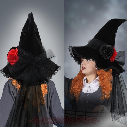 Halloween Witch Hat Gothic Black Wizard Hat with Lace Veil & Rose Flower - Picture 5 of 6