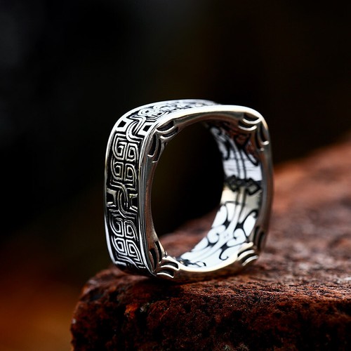 Stainless Steel Nordic Viking Celtic Retro Square Totem Ring Man's Punk Amulet - Picture 8 of 8