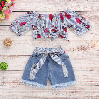Off Shoulder Crop Top And Elastic Waist Pants Clothing Set For Toddler Girls New