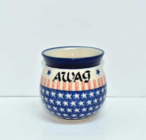 Polish Pottery Ceramika Artystyczna * MUG / CUP * Red Blue AWAG Stars Stripes