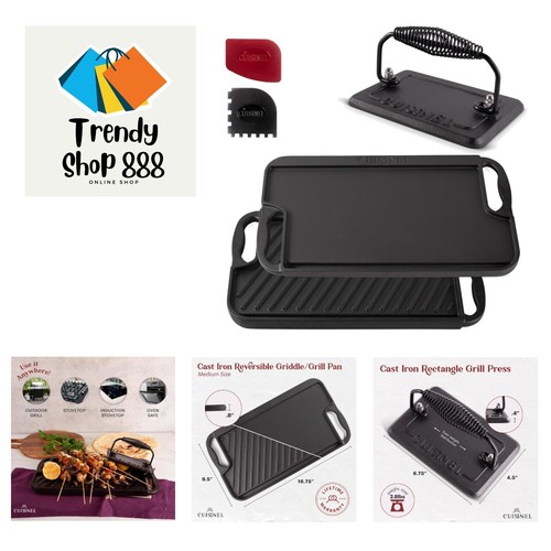 Cast Iron Griddle/Grill + Burger Press + Pan Scrapers - Reversible Pre-Season...